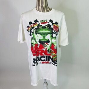 Vintage 90s Bad Frog Racing Middle Finger White T-Shirt Large Unisex Front Back